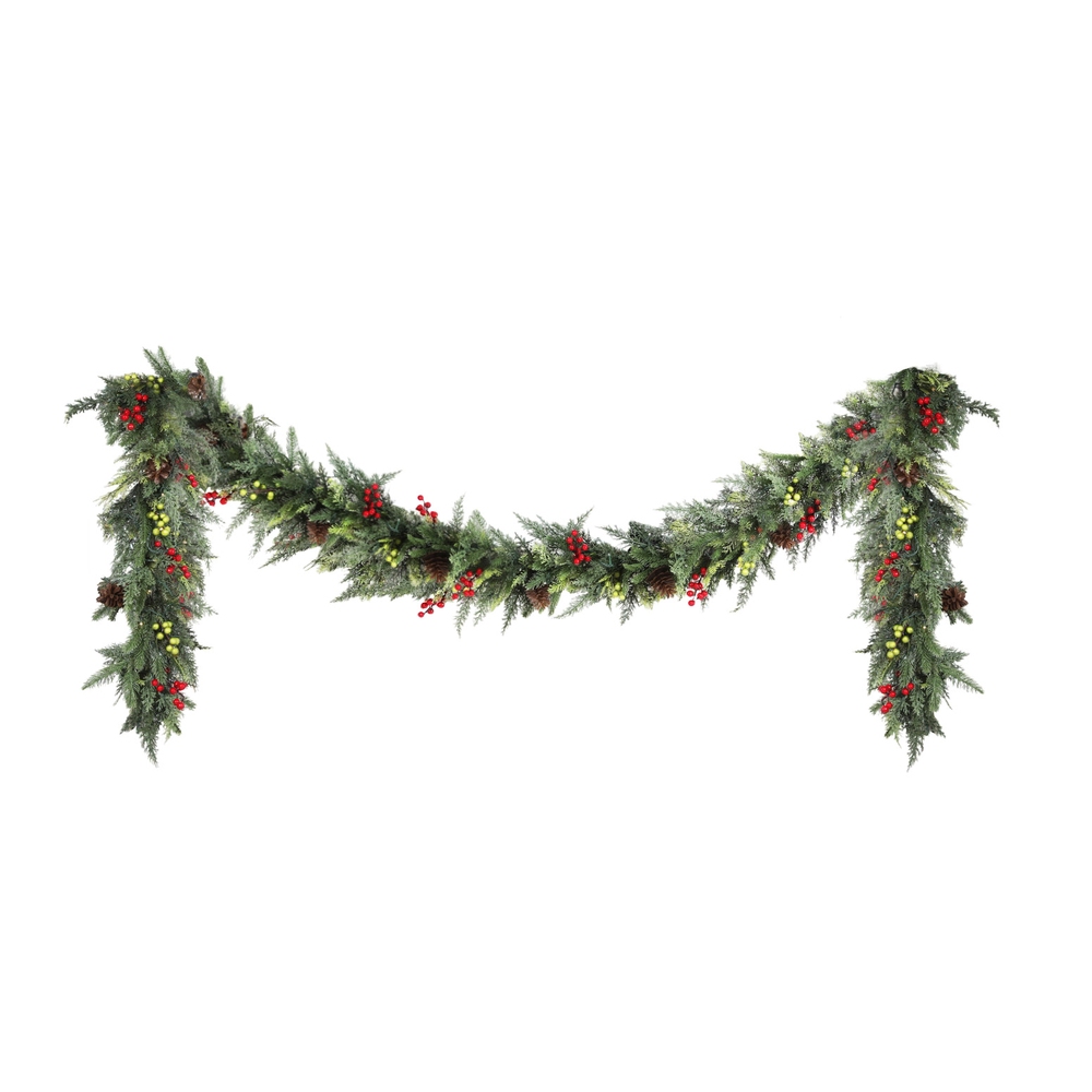 Festive Christmas garland with pine cones and berries.
