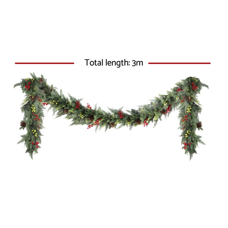 jingle jollys 3m christmas garland pre lit led with pine cones xmas decor green Christmas garland 3m decorated with berries and leaves.