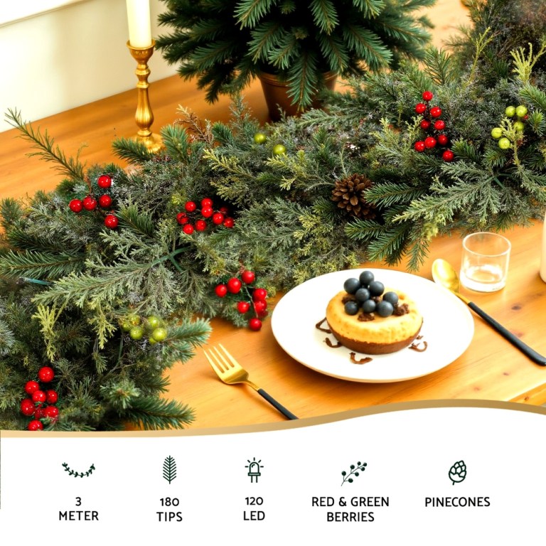 jingle jollys 3m christmas garland pre lit led with pine cones xmas decor green Christmas table setting with candle and festive greenery.
