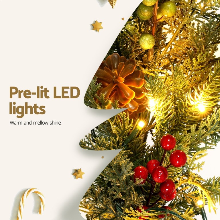 jingle jollys 3m christmas garland pre lit led with pine cones xmas decor green Christmas tree with LED lights and ornaments.