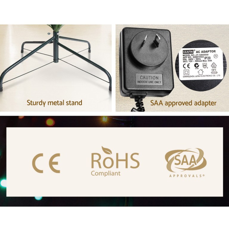 jingle jollys 1.8m christmas tree optic fibre led xmas tree multi colour Sturdy metal stand, SAA approved adapter, compliance logos.
