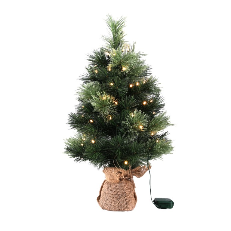 jingle jollys christmas tree 60cm mini tabletop 8 light modes timer xmas tree Decorated mini Christmas tree with lights and burlap base.