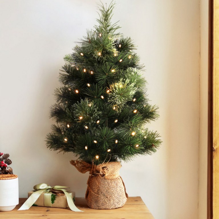 jingle jollys christmas tree 60cm mini tabletop 8 light modes timer xmas tree Small Christmas tree with lights and gift box.