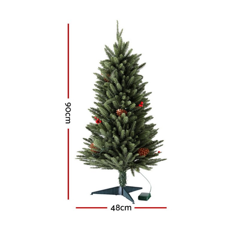 jingle jollys mini christmas tree 90cm led xmas tree party decorations Artificial Christmas tree 90cm high with pinecones.
