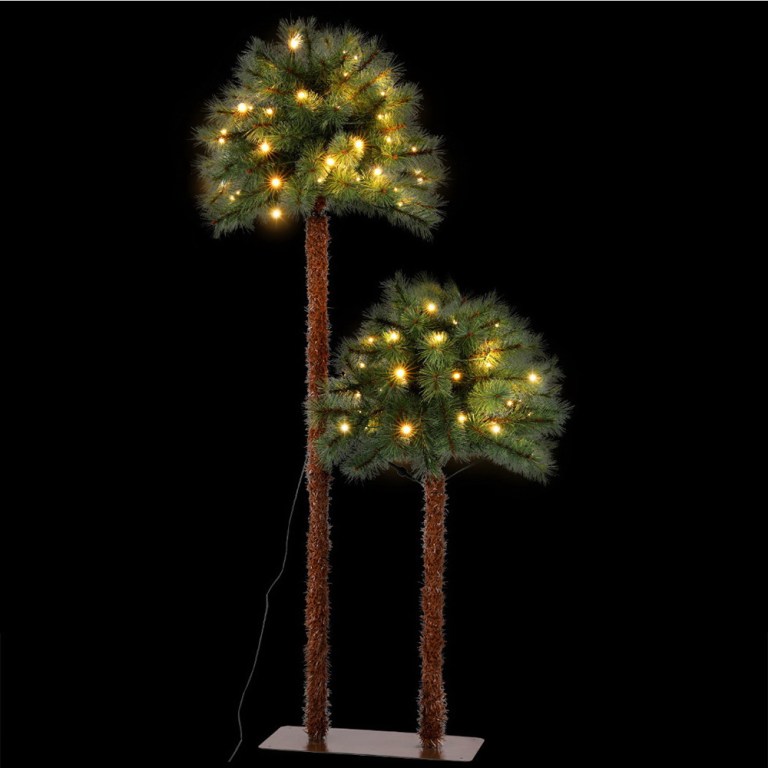 xm tr palm 5ft led 190372 00.jpg Lit artificial palm trees on black background.