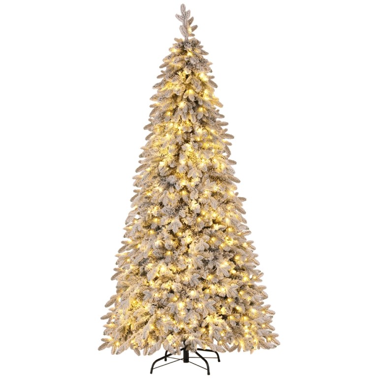 xm tr pencil 7ft led 202508061628 00.jpg Artificial Christmas tree with lights and snow effect.