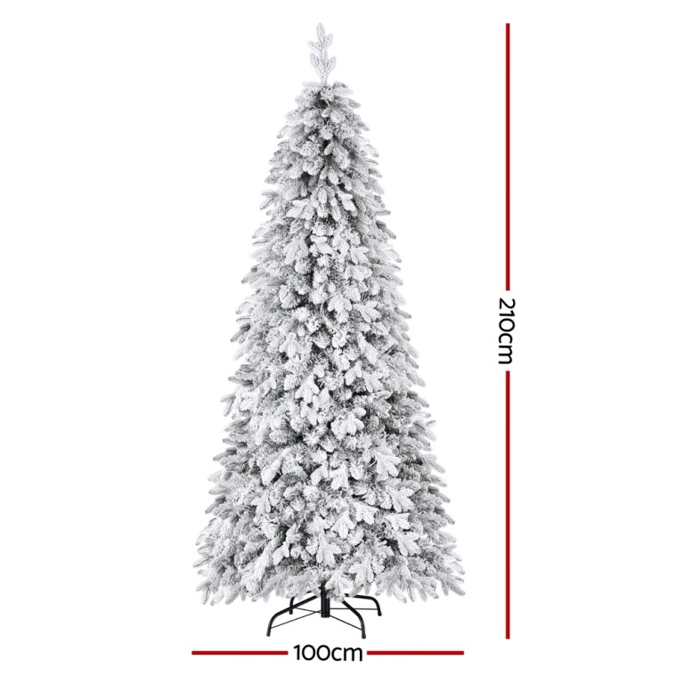 jingle jollys christmas tree 2.1m flocking pencil tree led xmas 860 tips white Snowy Christmas tree, 210cm tall, 100cm wide