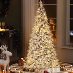 jingle jollys christmas tree 2.1m flocking pencil tree led xmas 860 tips white Snowy Christmas tree with lights and presents.