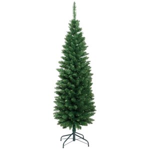 Tall artificial Christmas tree with green branches.