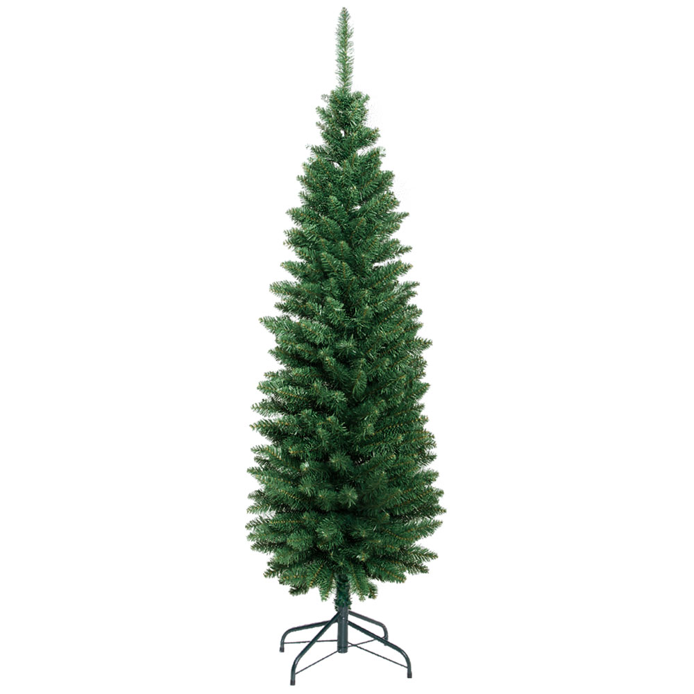 Tall artificial Christmas tree with green branches.