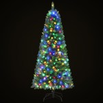 xm tr slim 6ft mc 202508061630 00.jpg Artificial Christmas tree with colourful lights.