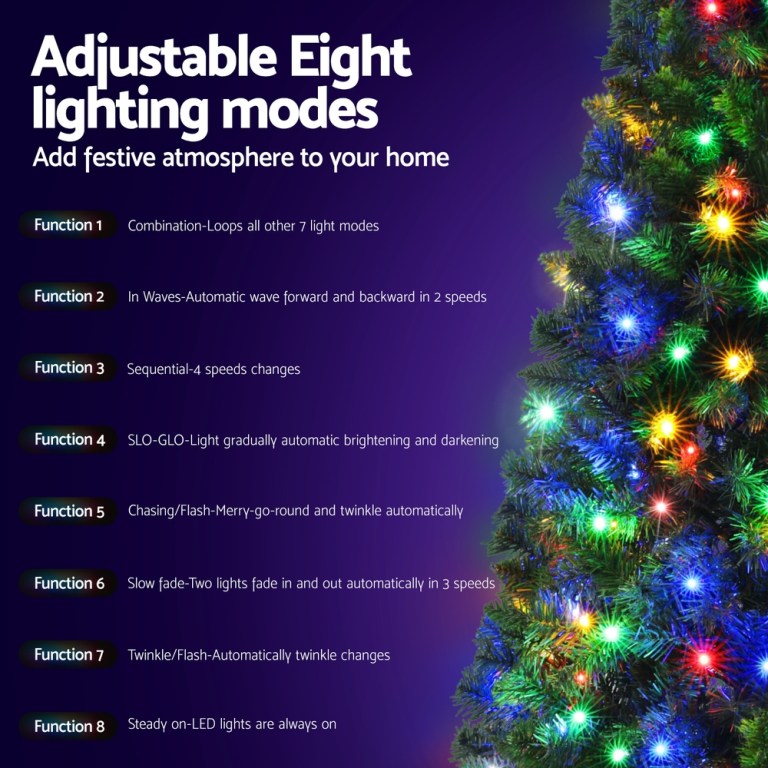jingle jollys 1.8m pre lit christmas tree 8 mode multi colour 200 led light xmas Christmas tree with adjustable lighting modes.