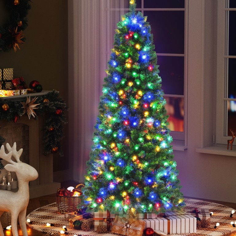 jingle jollys 1.8m pre lit christmas tree 8 mode multi colour 200 led light xmas Decorated Christmas tree with colourful lights indoors.