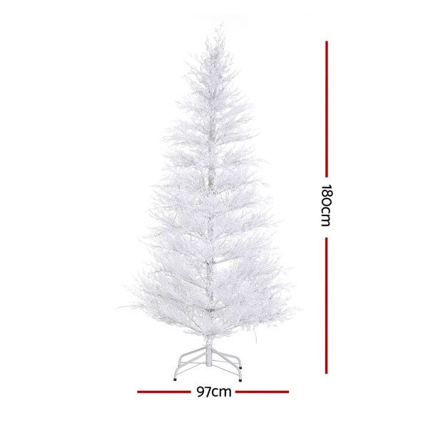jingle jollys 1.8m led christmas tree 8 modes adjustable multi color light snowy White Christmas tree, 180cm tall, 97cm wide.
