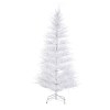 White artificial Christmas tree on metal stand.