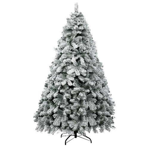 Snow-covered artificial Christmas tree with stand.
