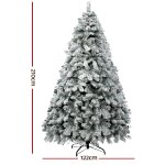 jingle jollys christmas tree 2.1m snow flocked xmas tree decorations 780 tips Snowy artificial Christmas tree, 210cm tall, 122cm wide.