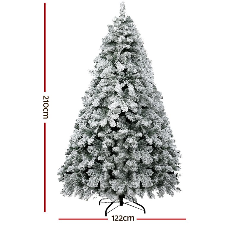 jingle jollys christmas tree 2.1m snow flocked xmas tree decorations 780 tips Snowy artificial Christmas tree, 210cm tall, 122cm wide.