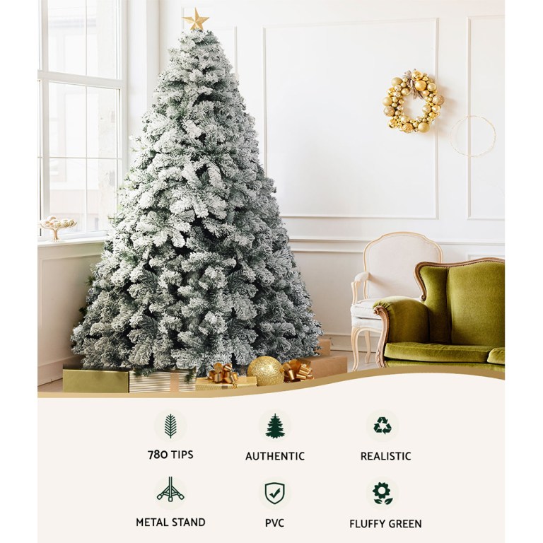 jingle jollys christmas tree 2.1m snow flocked xmas tree decorations 780 tips Snow-frosted Christmas tree with star topper indoors.