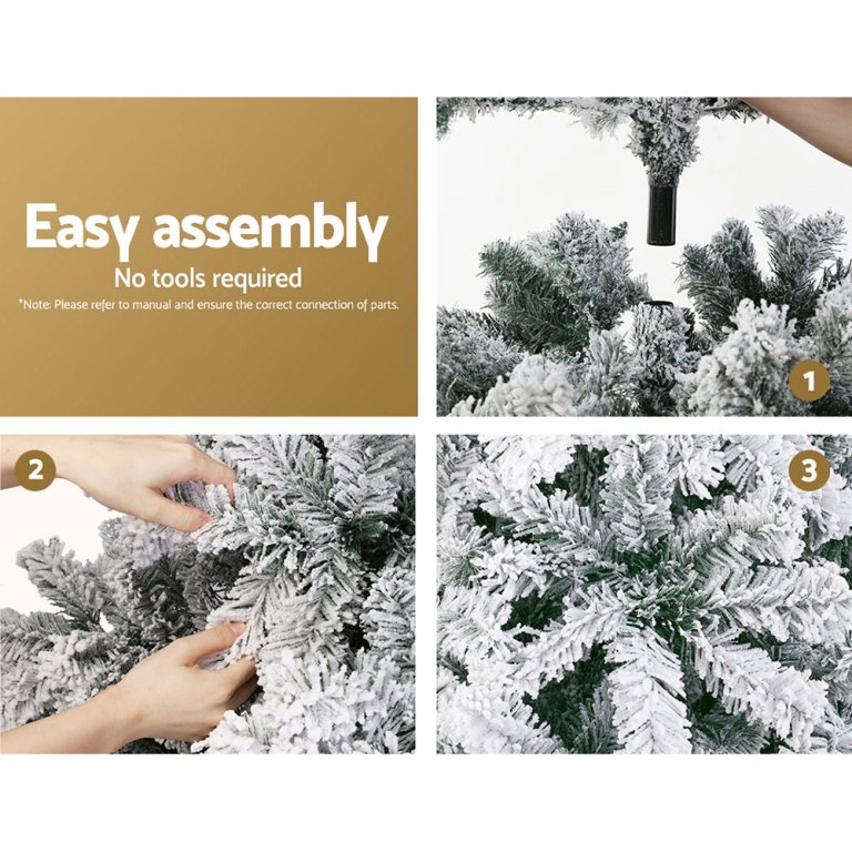 jingle jollys christmas tree 2.1m snow flocked xmas tree decorations 780 tips Easy assembly snow-covered Christmas tree setup steps.