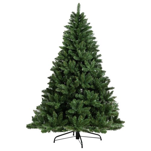 Artificial green Christmas tree on stand.