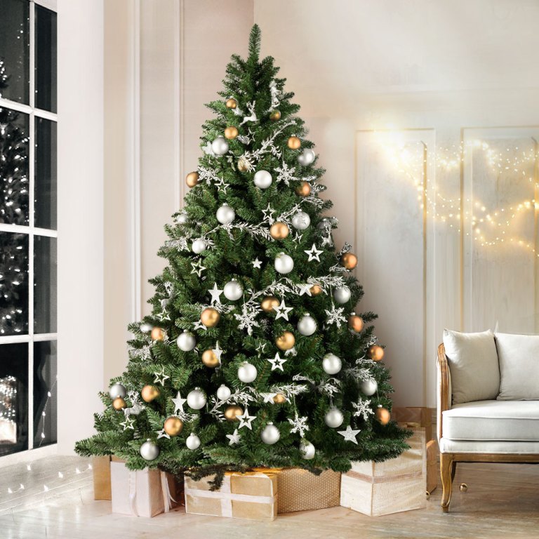 jingle jollys christmas tree 2.4m green xmas tree decorations 1225 tips Decorated Christmas tree with lights and baubles indoors.