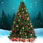 Decorated Christmas tree with gifts in snow.