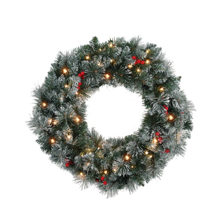 Festive Christmas wreath with lights and red berries.