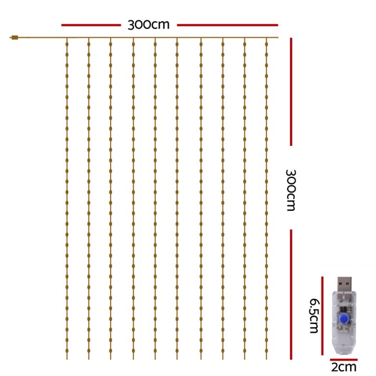 300cm USB curtain fairy lights dimensions