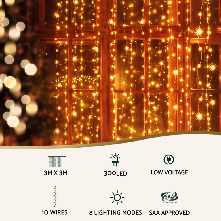Warm LED curtain lights with multiple modes and approval.