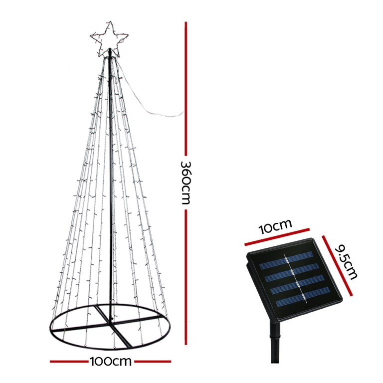 3.6m christmas tree 400 led solar jingle jollys Solar-powered LED Christmas tree with measurements.