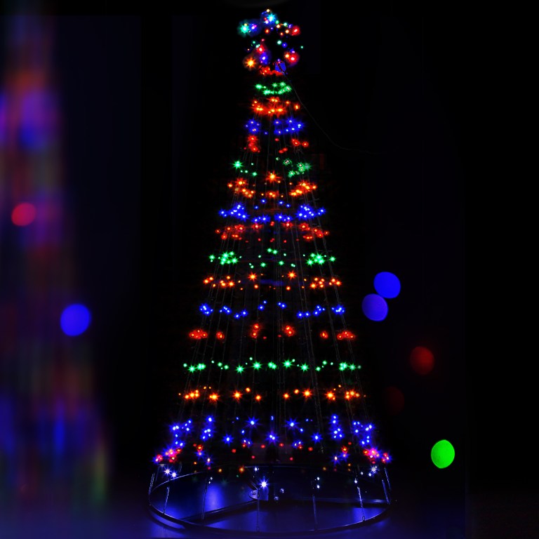Colourful LED Christmas tree lights glowing at night.