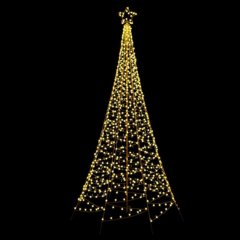 xmas fairy solar net 12ft warm 189921 00.jpg Star-topped glowing Christmas tree over black background.