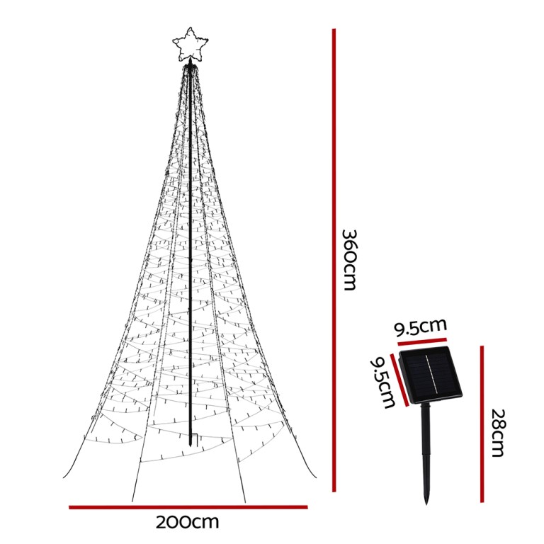 3.6m christmas tree 800 led solar net lights jingle jollys Solar-powered Christmas tree, star topper, wireframe design.