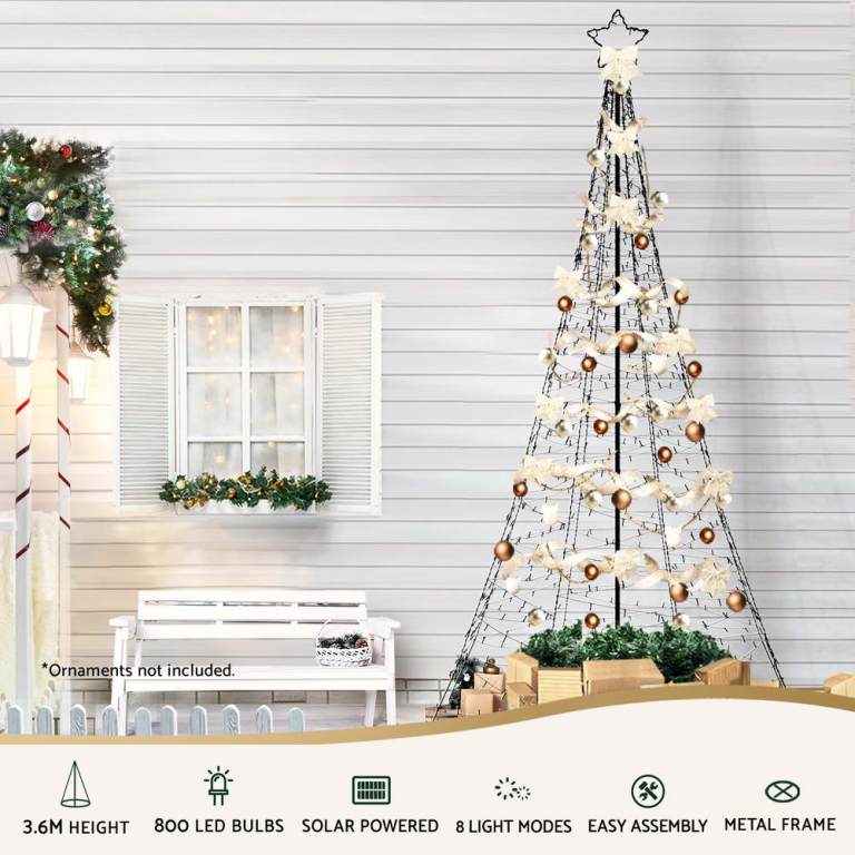 3.6m christmas tree 800 led solar net lights jingle jollys Solar-powered LED tree with ornaments on porch.