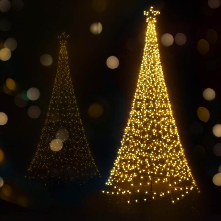 3.6m christmas tree 800 led solar net lights jingle jollys Illuminated Christmas tree silhouette against dark background.