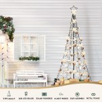 Solar-powered LED Christmas tree with metal frame.