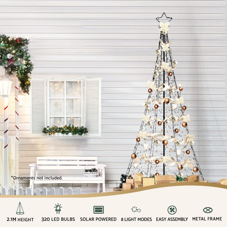 Solar-powered LED Christmas tree with metal frame.