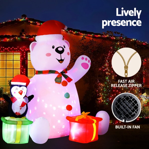 jingle jollys christmas inflatable bear 1.8m height led outdoor decorations illuminated Inflatable Christmas bear and penguin with gifts.