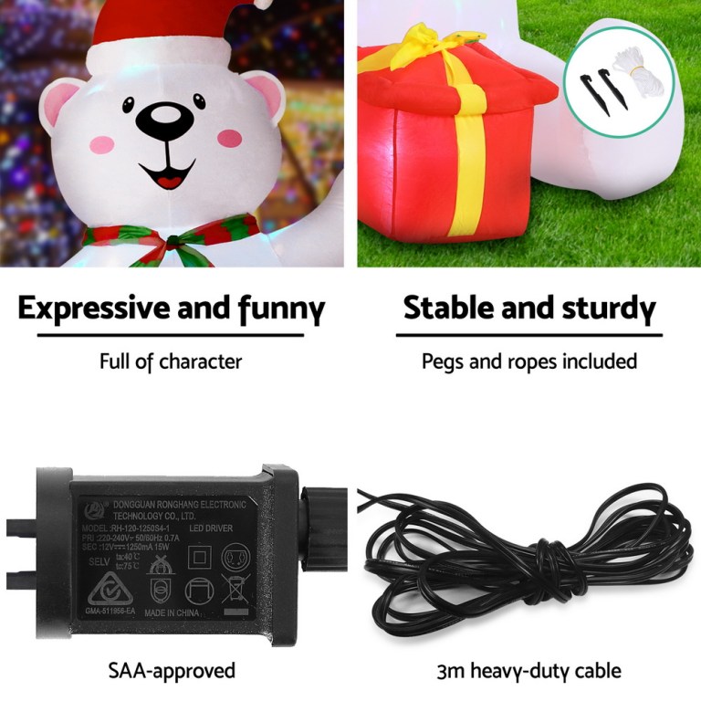 Inflatable Christmas decoration with pegs and cable.