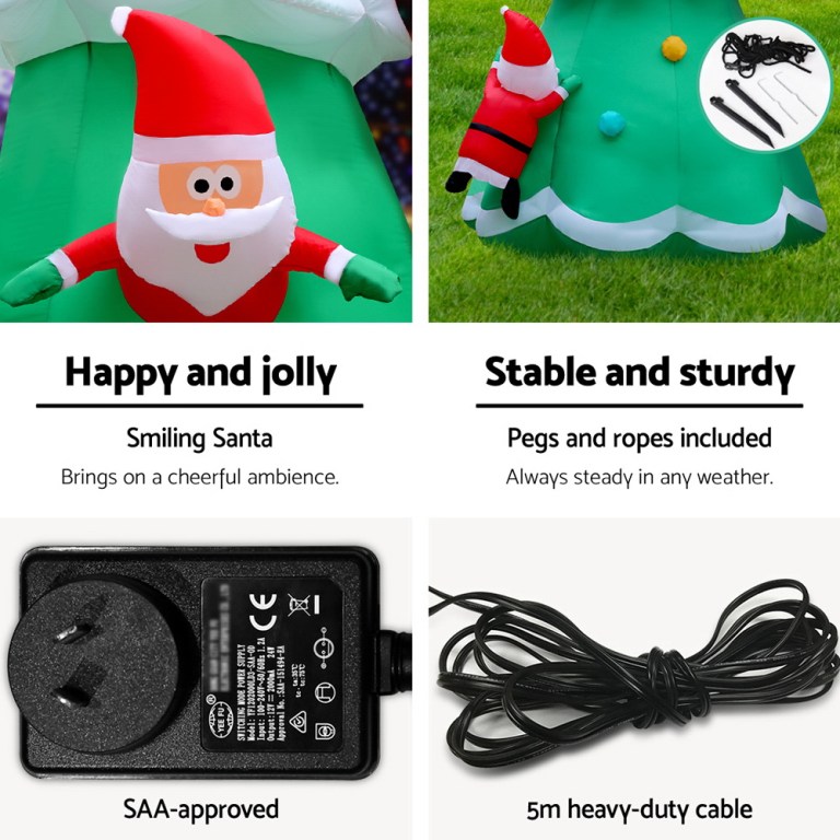 Inflatable Santa, pegs, ropes, power adapter, and cable.
