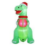 Inflatable dinosaur wearing Santa hat with gift box.
