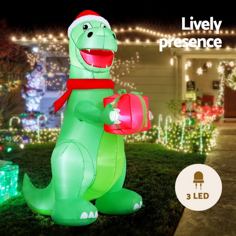 Inflatable dinosaur with Christmas lights and gift box.