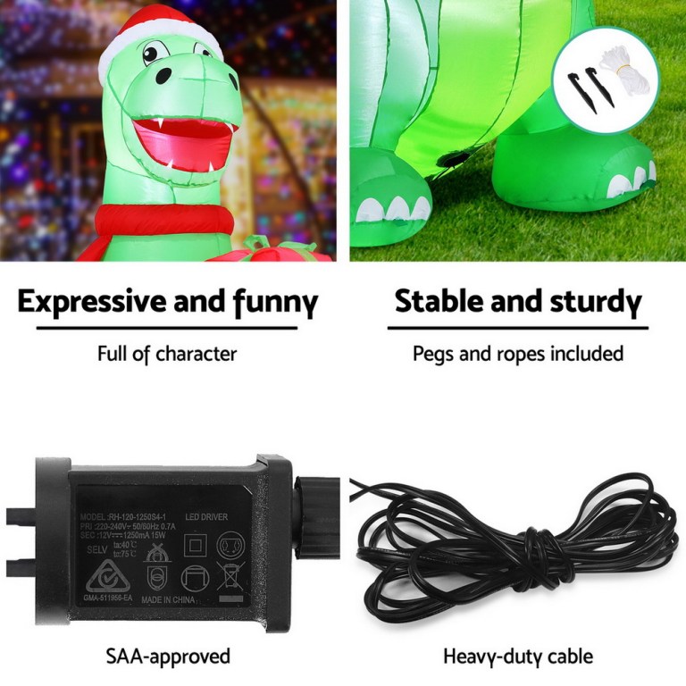 Inflatable dinosaur Santa with pegs and cable included.