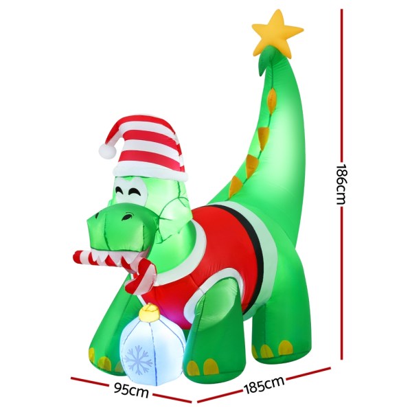 jingle jollys christmas inflatable dinosaur 1.86m height led decorations illuminated Inflatable Christmas dinosaur decoration with lights and candy cane.