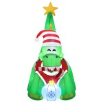 Inflatable Christmas dinosaur with Santa hat and lights.