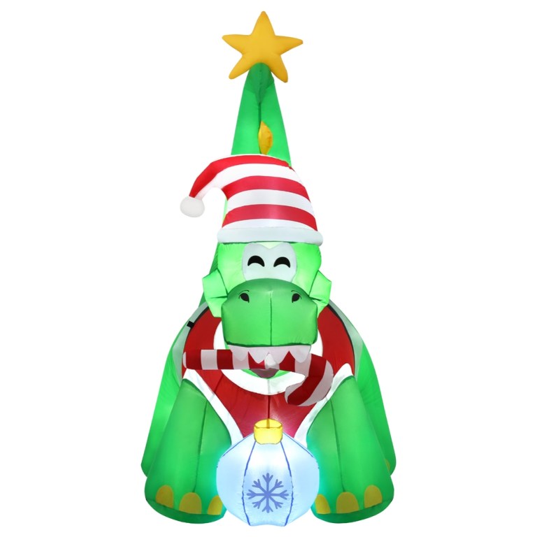 Inflatable Christmas dinosaur with Santa hat and lights.