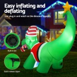 Inflatable Christmas dinosaur with fan and quick-release zip.