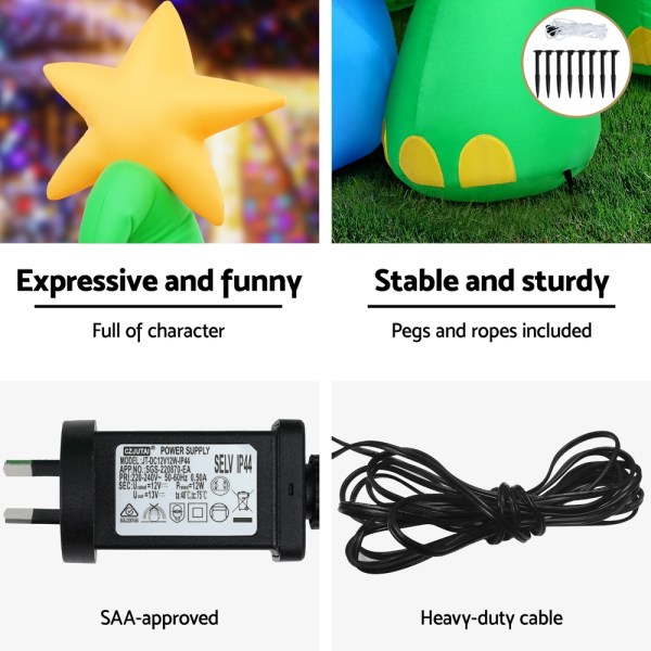 jingle jollys christmas inflatable dinosaur 1.86m height led decorations illuminated Inflatable star, stakes, adaptor, and cable for outdoor setup.