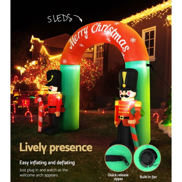 Inflatable Christmas arch with nutcracker soldiers.